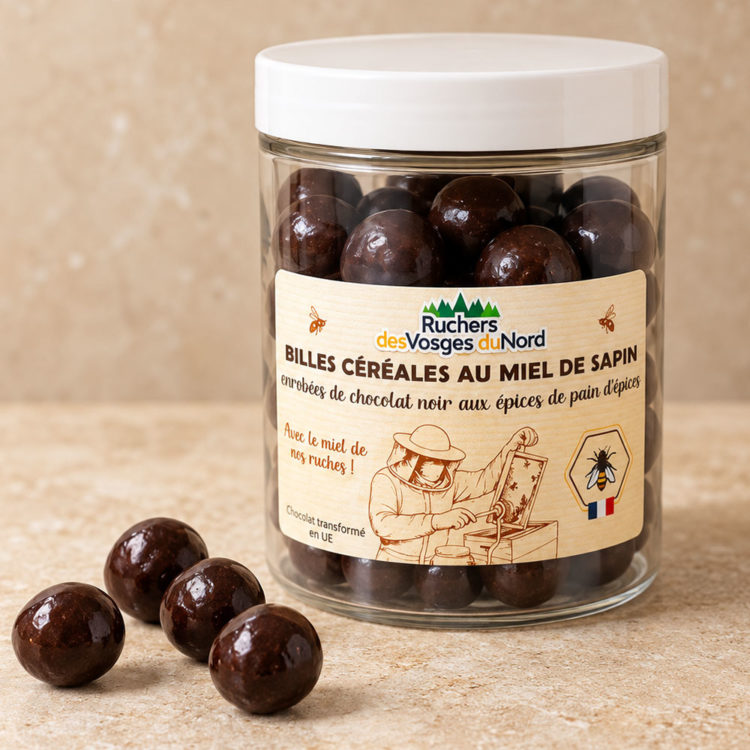 Billes céréales au miel de sapin, enrobées de chocolat noir aux épices de pain d'épices - 120g